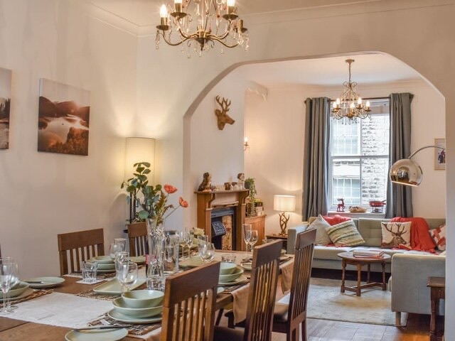 Open plan cottage living room and dining room