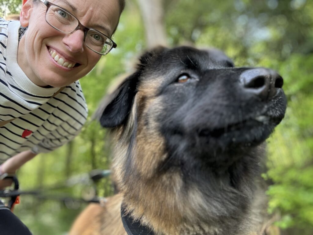 Estrela with WagTime Walker Owner on walk in nature, Zurich, Birmensdorf
