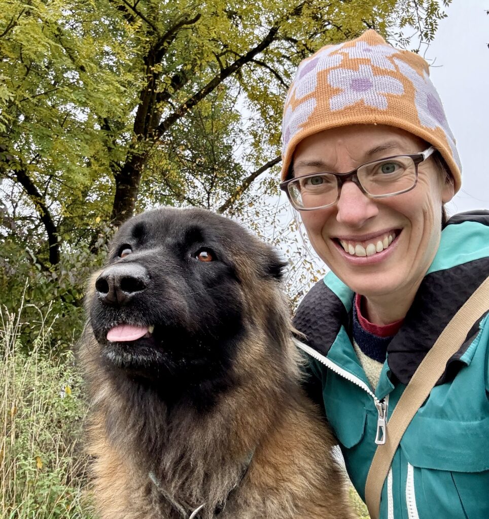 Estrela with WagTime Walker Owner on walk in nature, Zurich, Birmensdorf